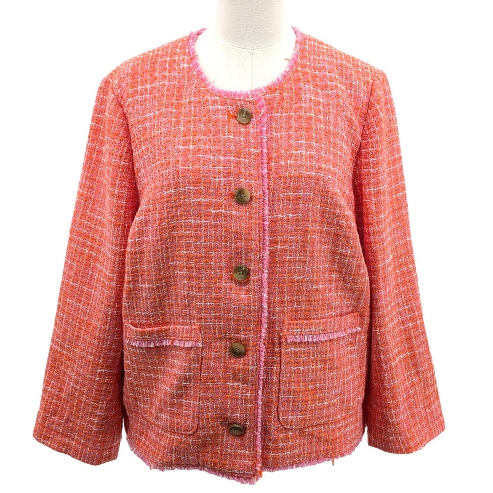 Orange Pink Tweed Jacket Cotton Blend Fringe Trim Boxy Boucle J Jill Large
